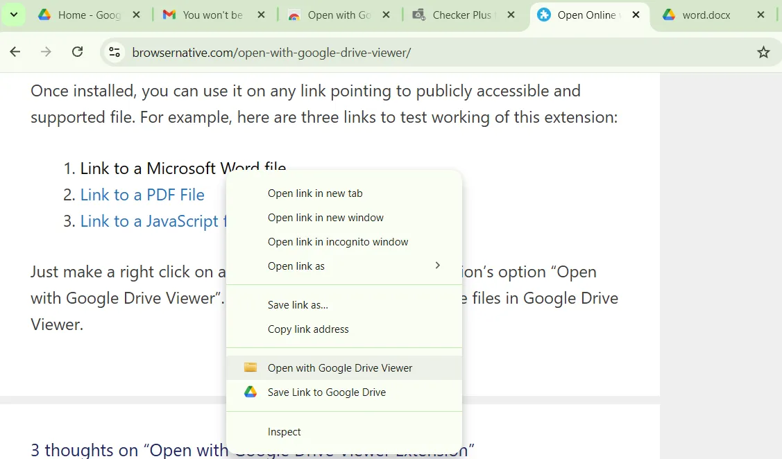 Open with Google Drive viewer option in Chrome right-click menu