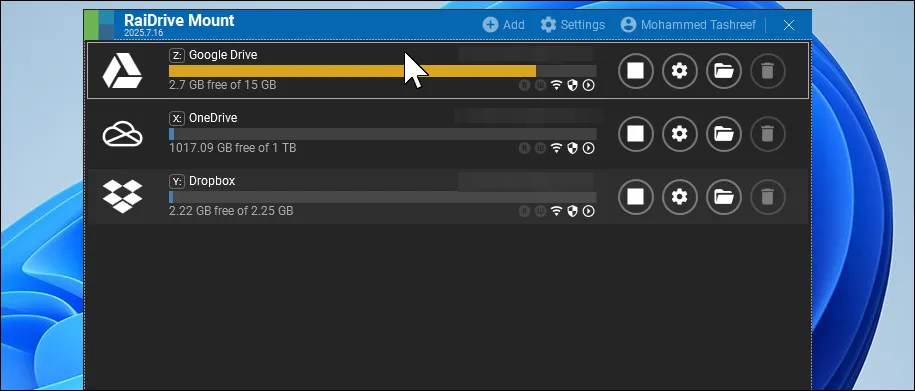 RaiDrive Mount Connected drives dialog on Windows 11 desktop