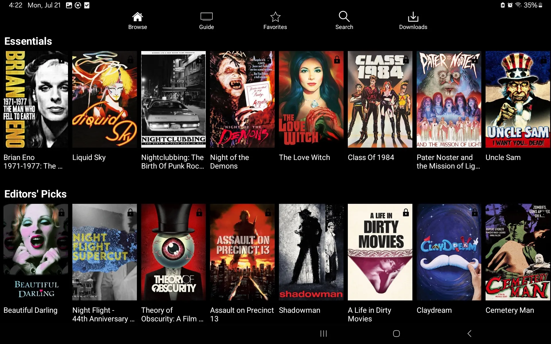 Rows of horror movies available on the Night Flight app