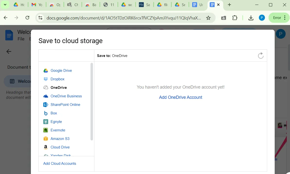 نافذة الحفظ في التخزين السحابي في متصفح Chrome