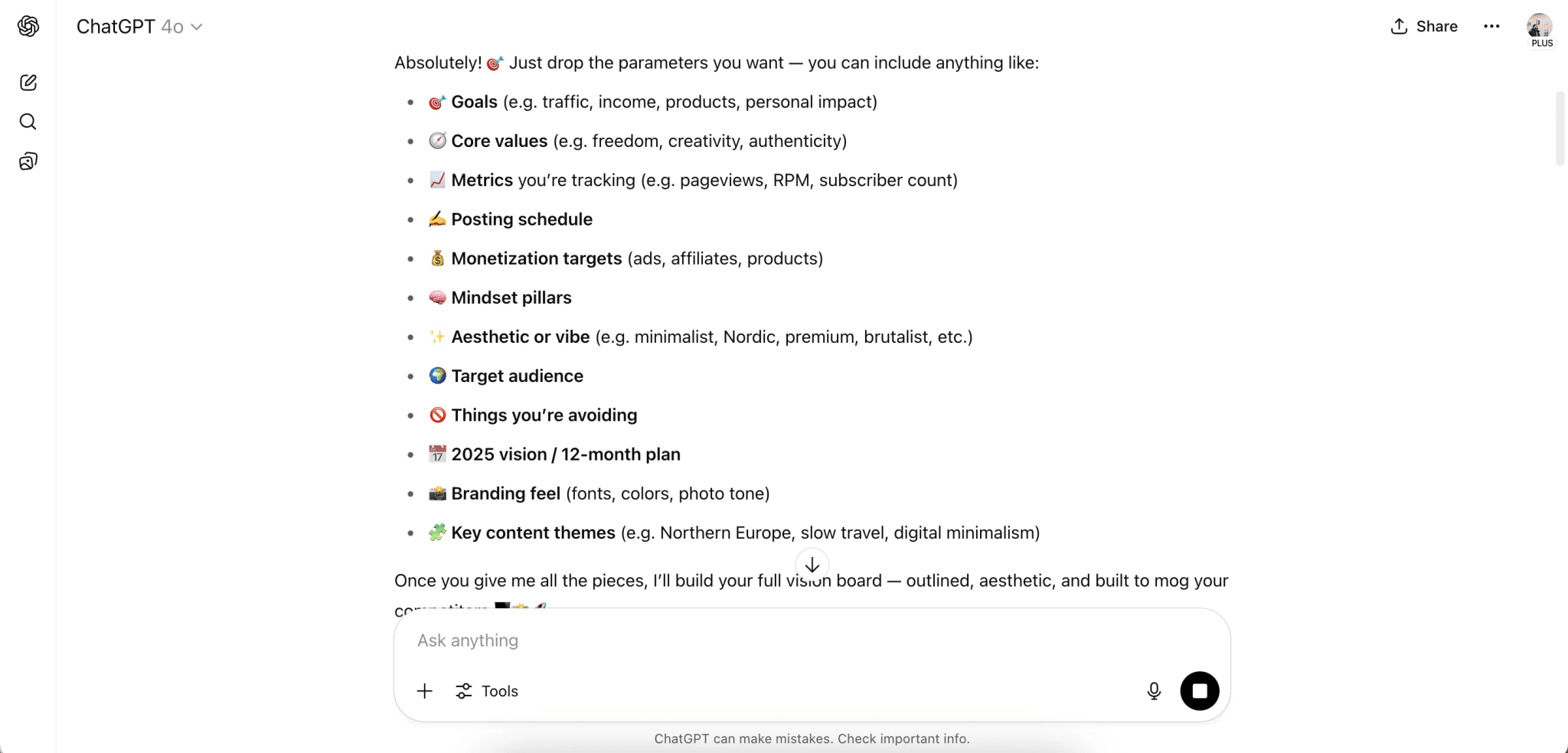Suggested parameters in the ChatGPT app