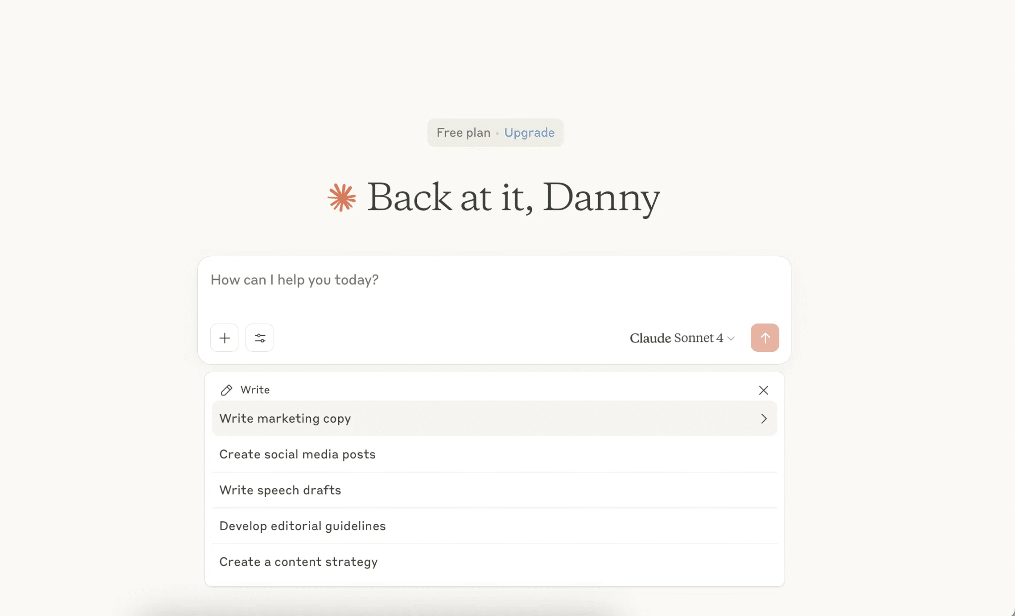 A selection of writing prompts in the Claude app