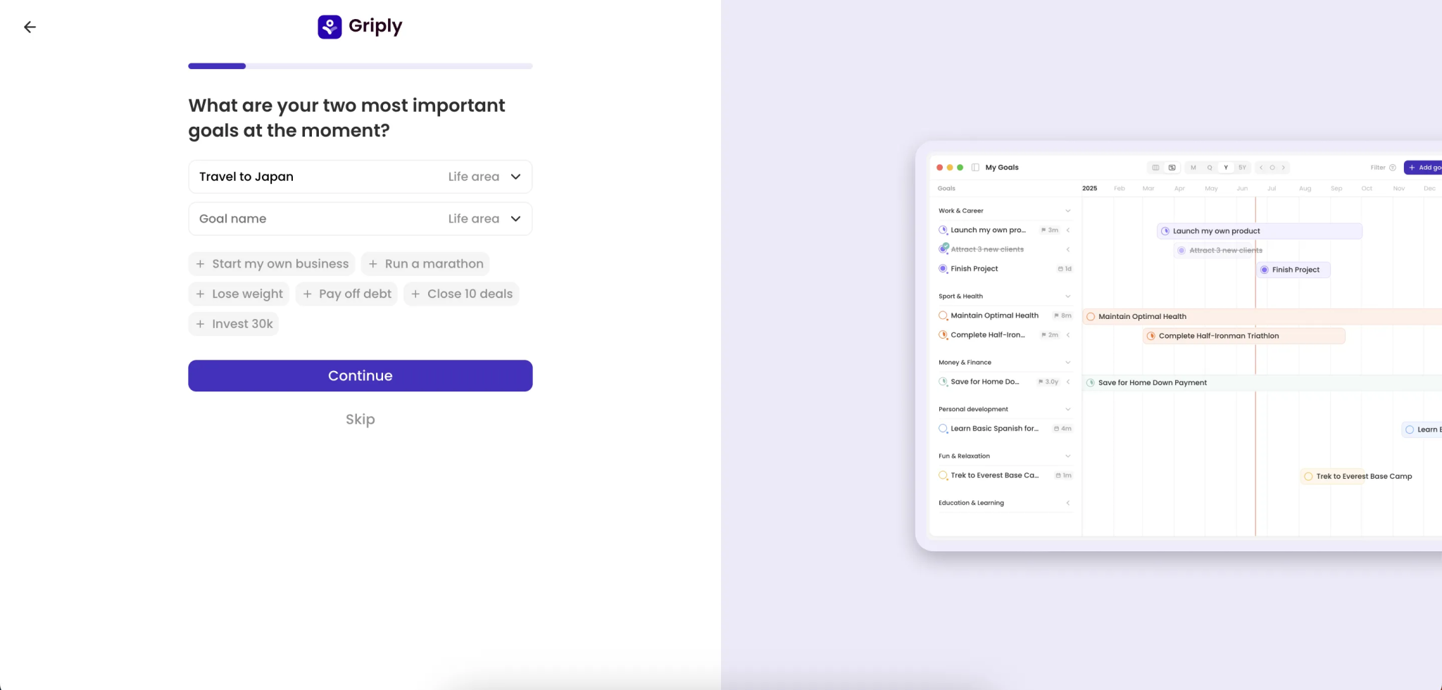 اختيار الأهداف الهامة في تطبيق Griply