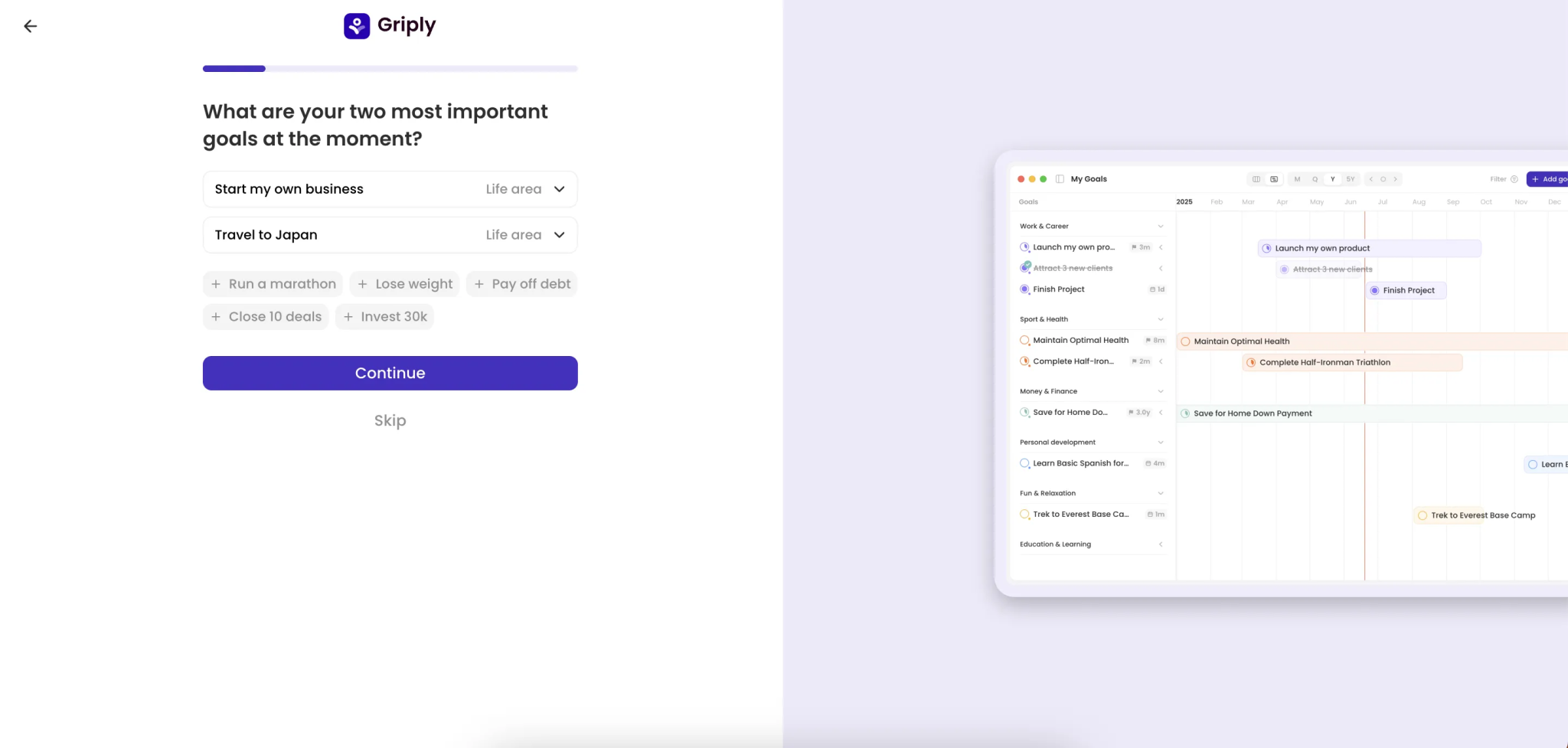 تحديد الأهداف في تطبيق Griply