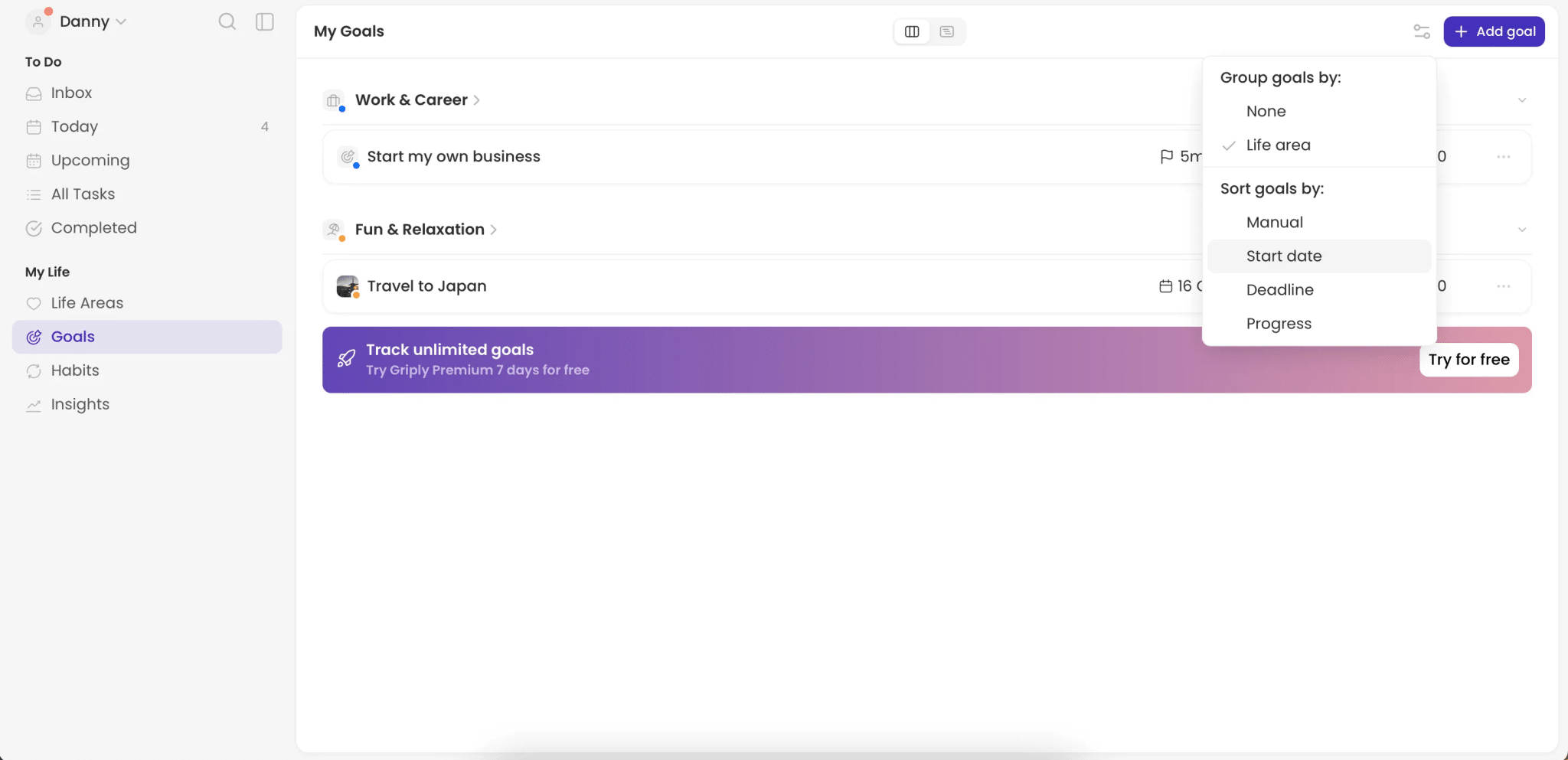The Goals Tab in Griply