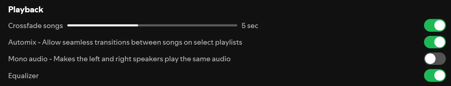 spotify adjust gapless playback and crossfade.