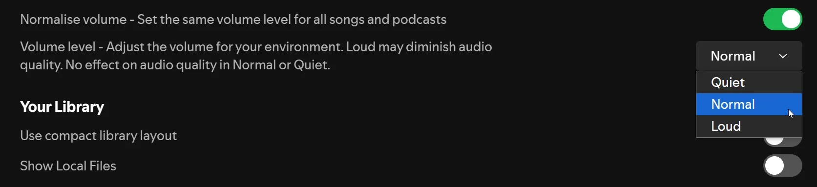 خيارات معايرة وتوحيد مستوى الصوت في Spotify.