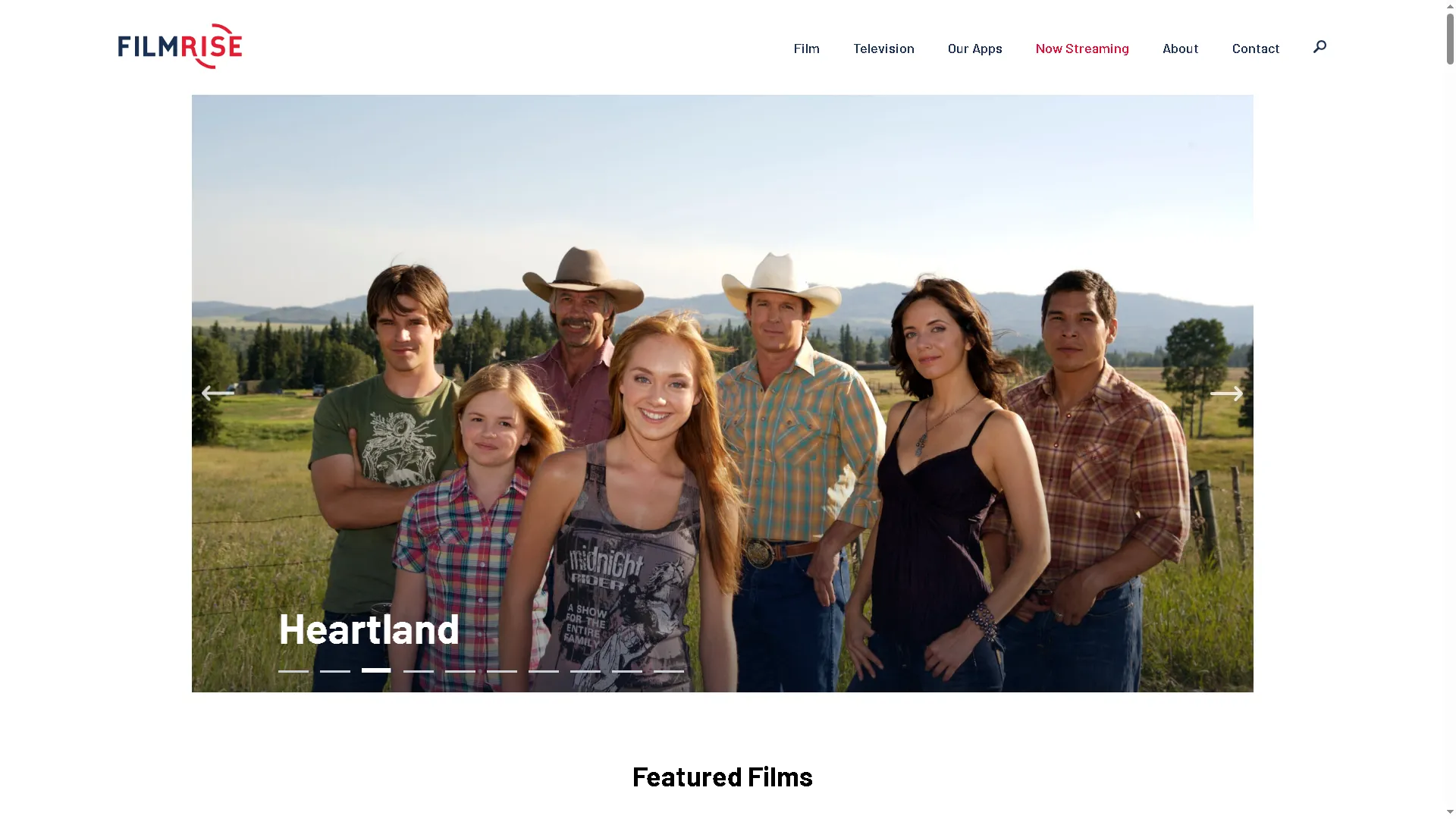 The frontpage of the FilmRise site, with a slideshow featuring available content