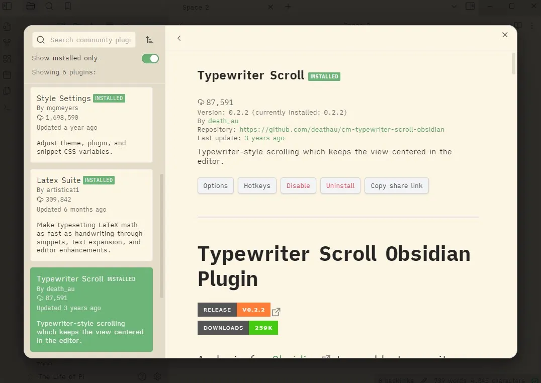 The Typewriter Scroll plugin in Obsidian