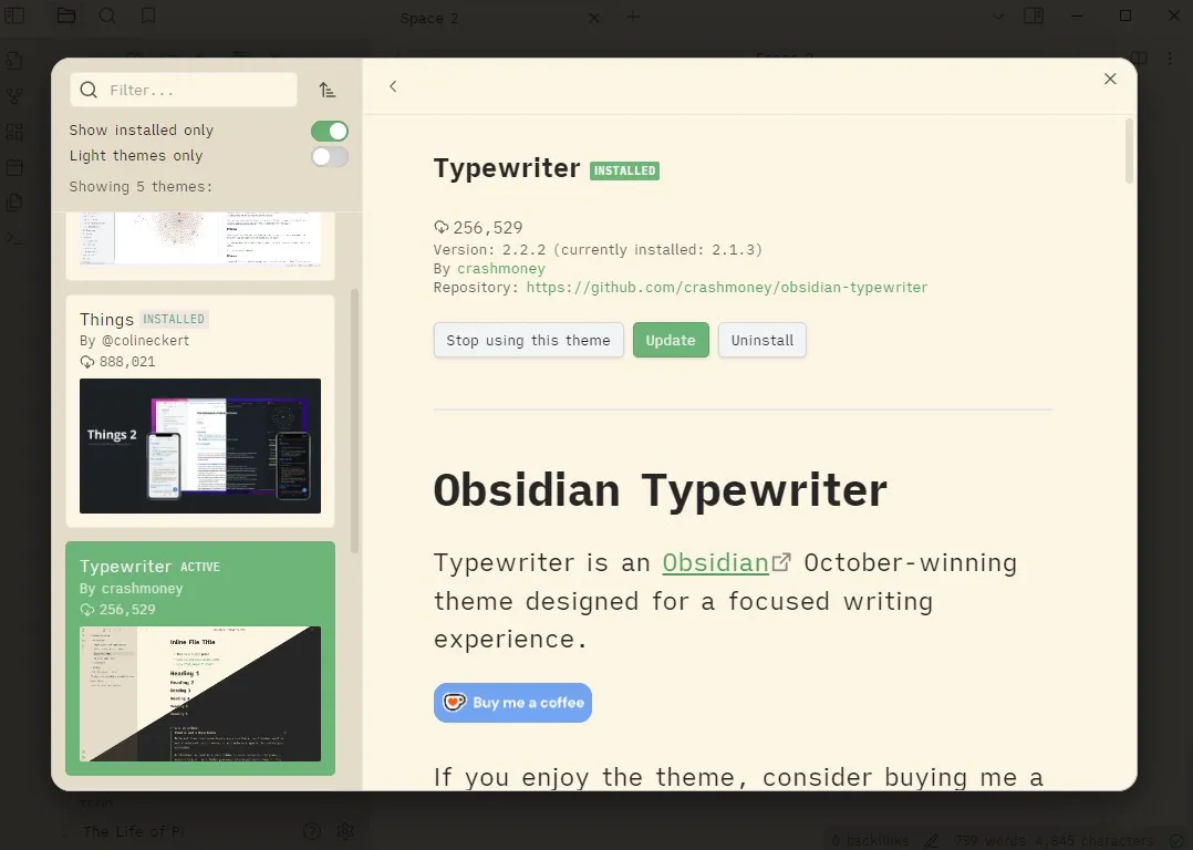 The Typewriter theme in Obsidian