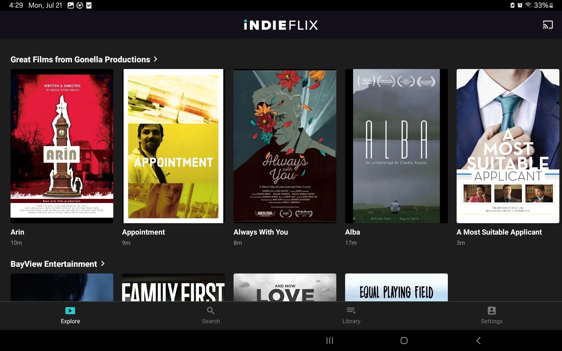 Two rows of movies available to stream with IndieFlix