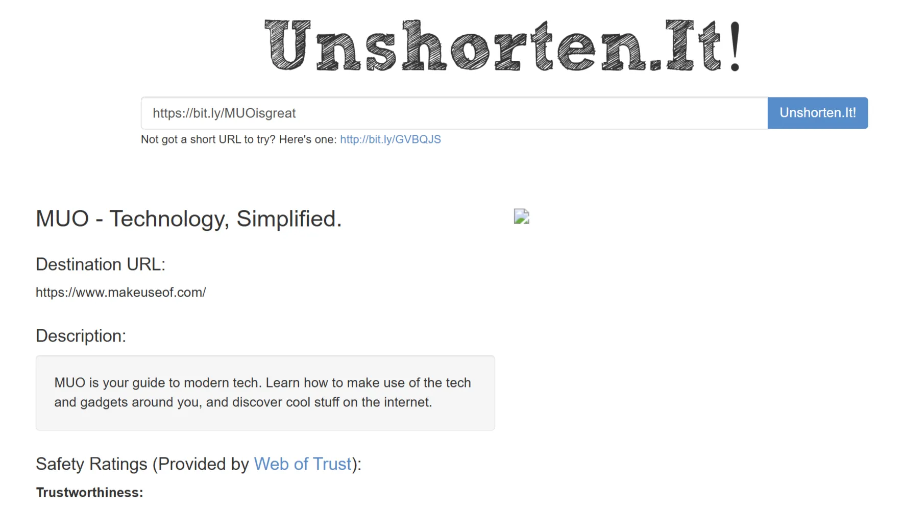 Unshorten.it showing destination URL for a short link.