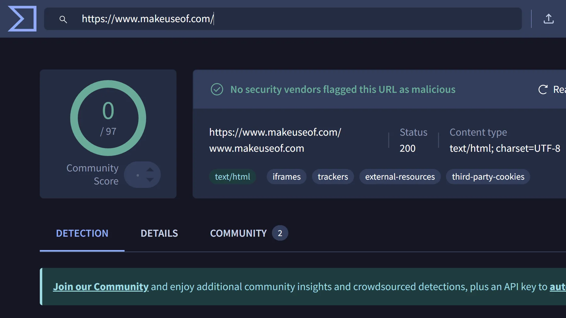 Virus Total homepage showing no virus detected in given URL.