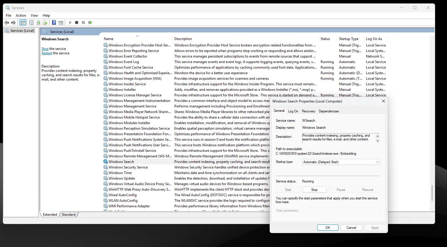 Windows Service Manager with properties open
