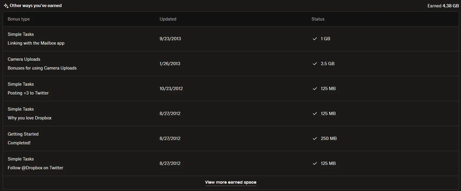 مساحة إضافية مجانية مكتسبة على Dropbox