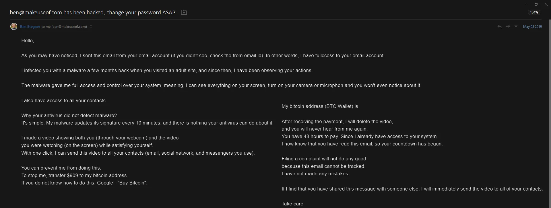 Hello Pervert Blackmail Email