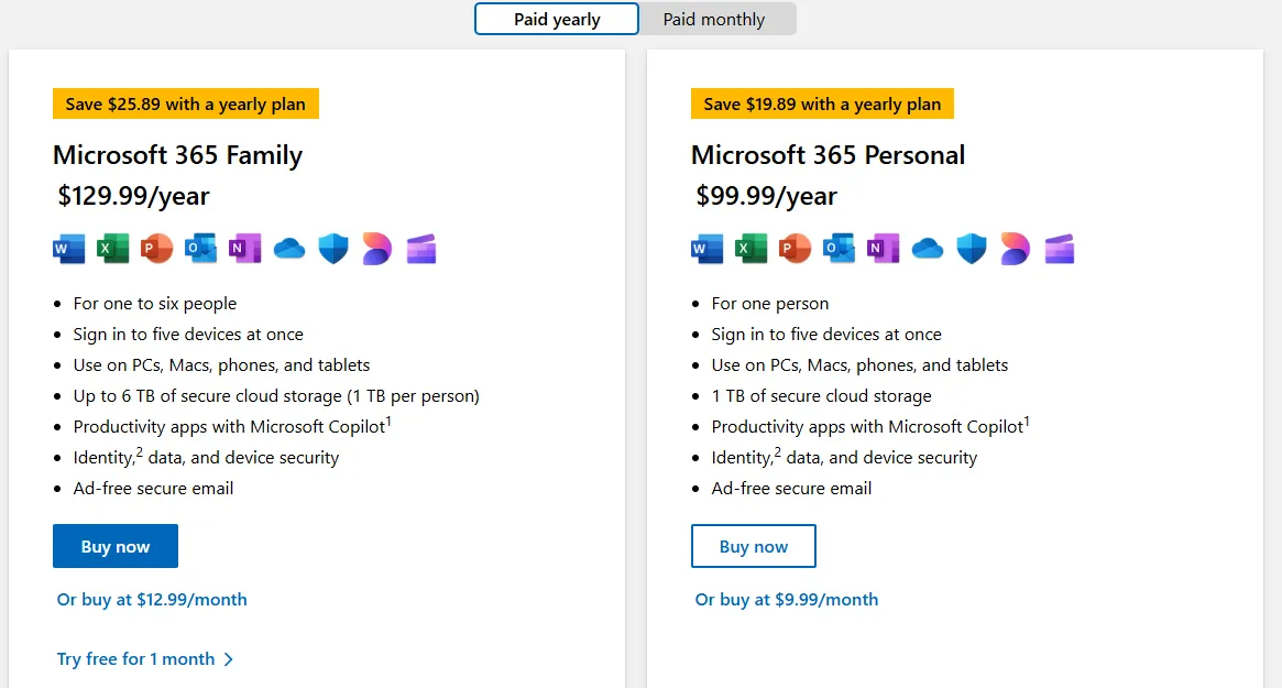 Microsoft 365 Pricing Page