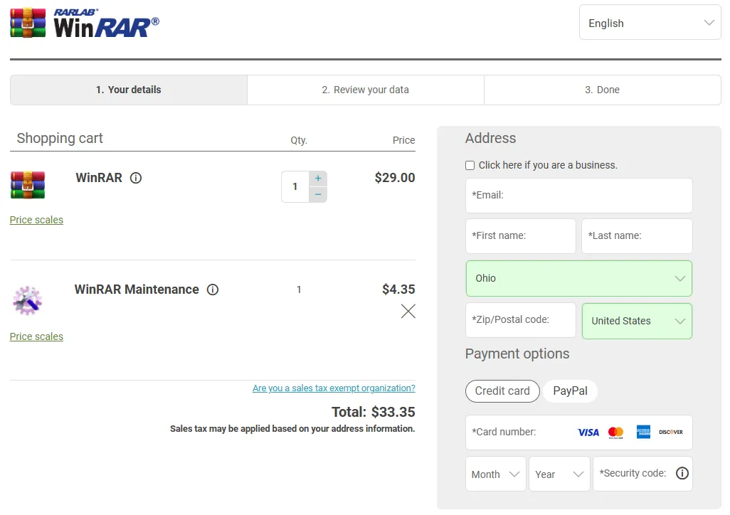 صفحة الدفع لبرنامج WinRAR