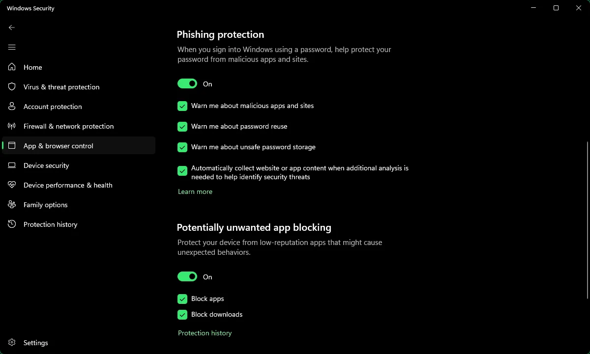 خيارات الحماية من التصيد الاحتيالي في أمان Windows