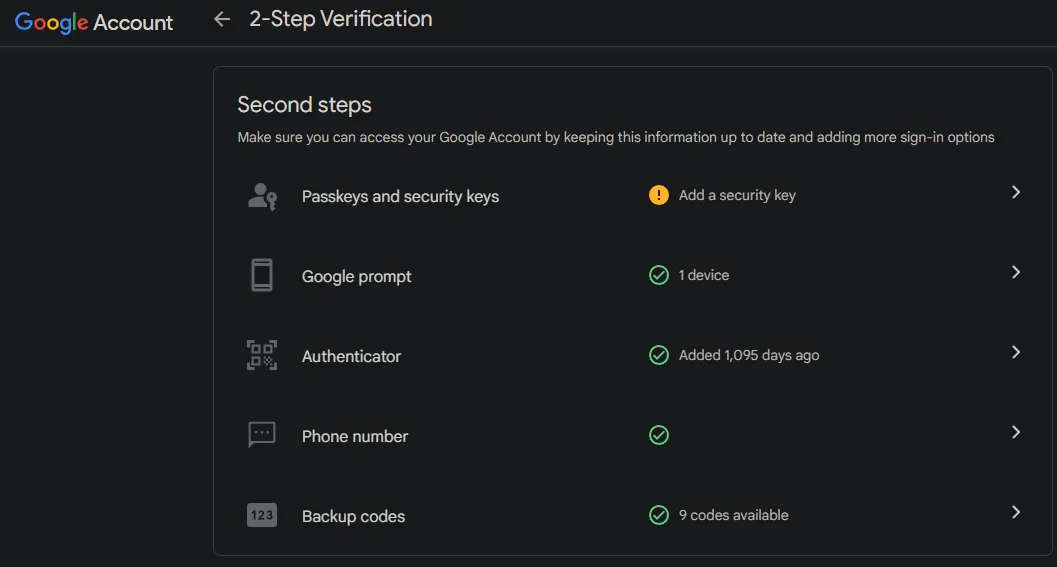 Google Account 2FA Options