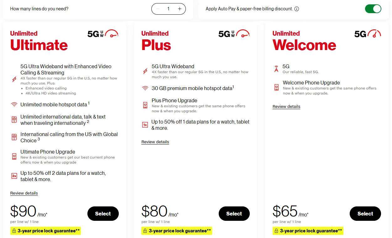 Verizon Wireless Pricing Page