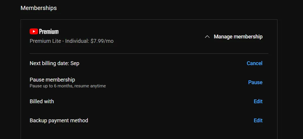 YouTube Premium Lite Cancel Subscription