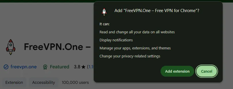 Free VPN One Extensions Pop-Up