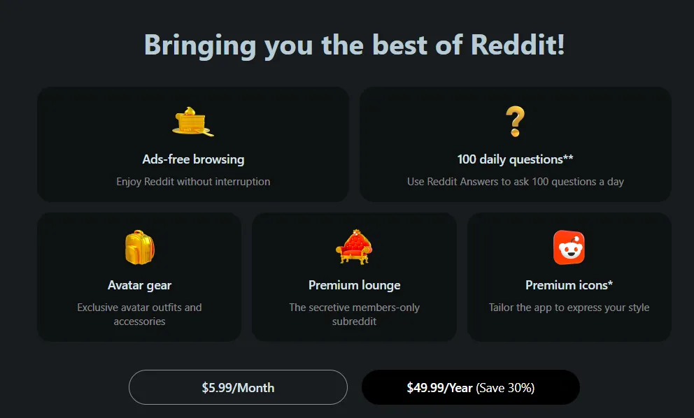 Reddit Premium Pricing Page