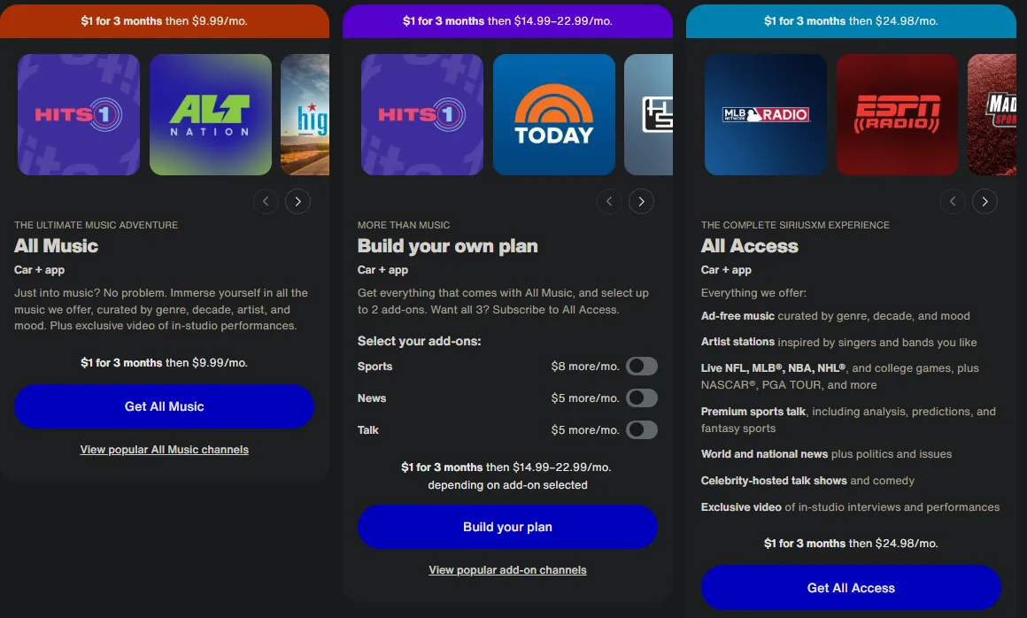 صفحة أسعار SiriusXM