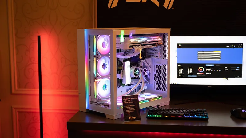 A gaming PC with Kingston memory, RGB fans, lights, MSI CPU cooler, and GeForce RTX GPU