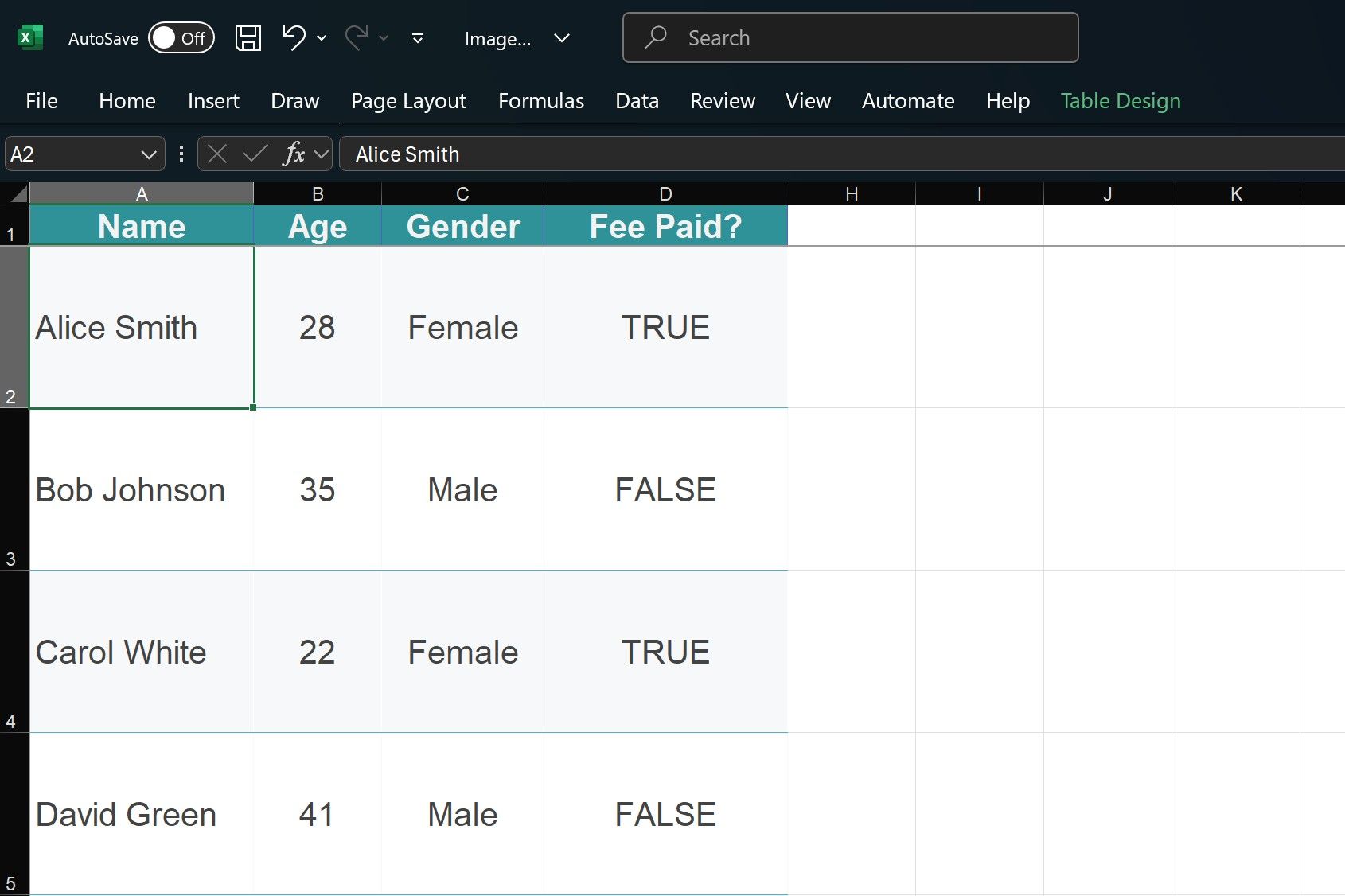 A guest list table in Excel