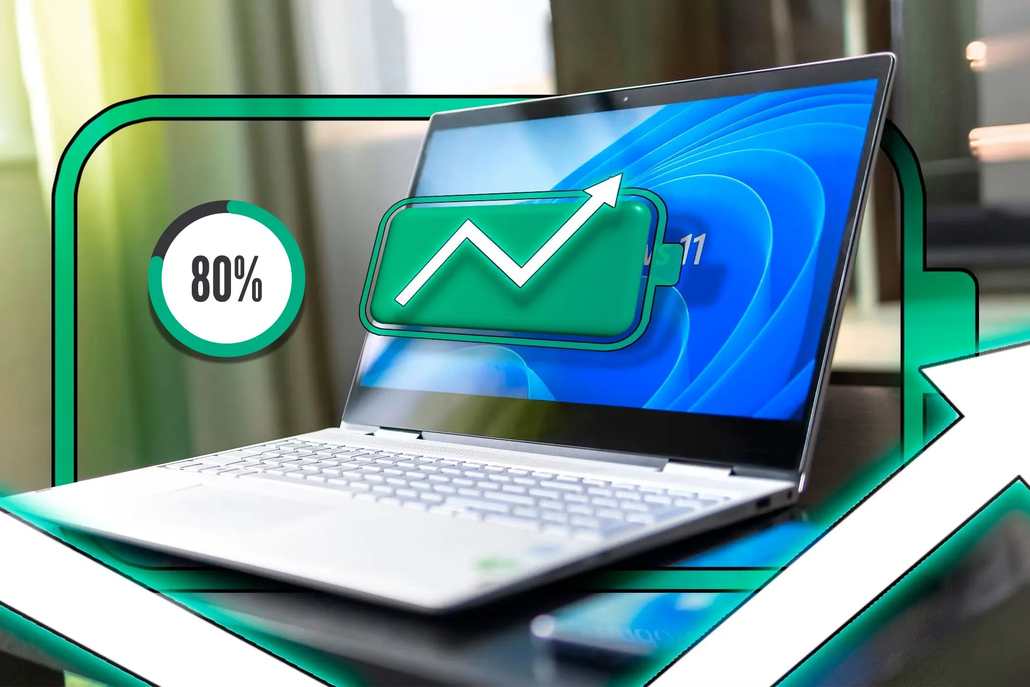 A laptop with Windows 11 showing a full battery icon and an upward arrow indicating a battery increase.