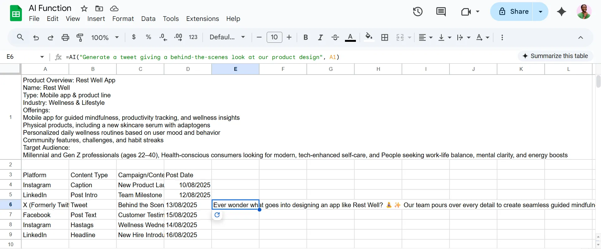A screenshot showing a tweet generation using the AI function in Google Sheets