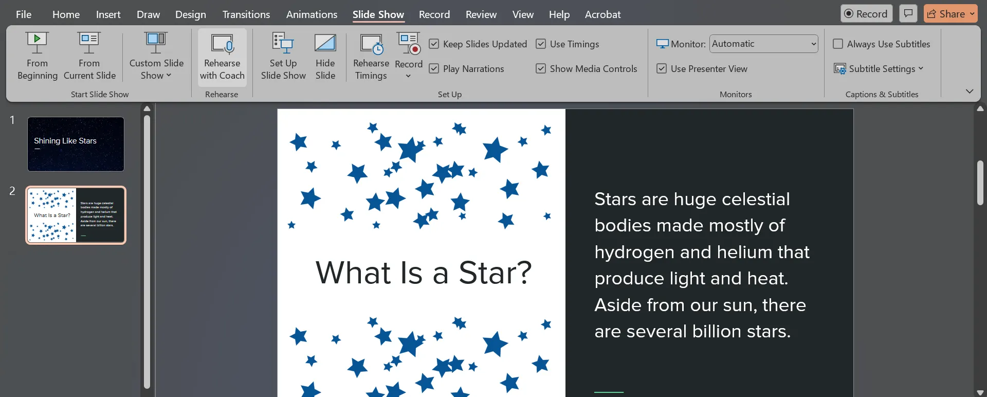 لقطة شاشة توضح خيار التدرب مع المدرب ضمن علامة التبويب عرض الشرائح