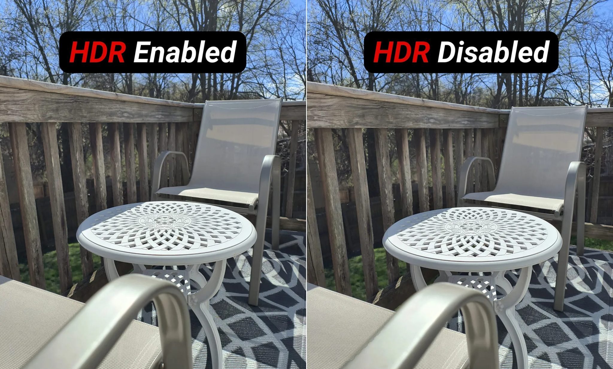 صورة مقسمة تعرض نفس اللقطة مع تفعيل HDR وتعطيله
