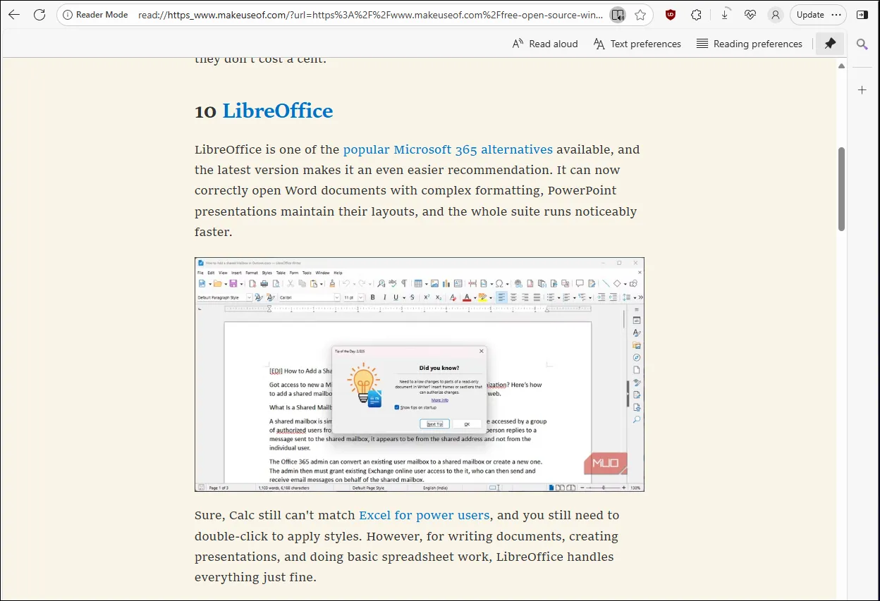 صفحة ويب مفتوحة في وضع القارئ الشامل في Microsoft Edge