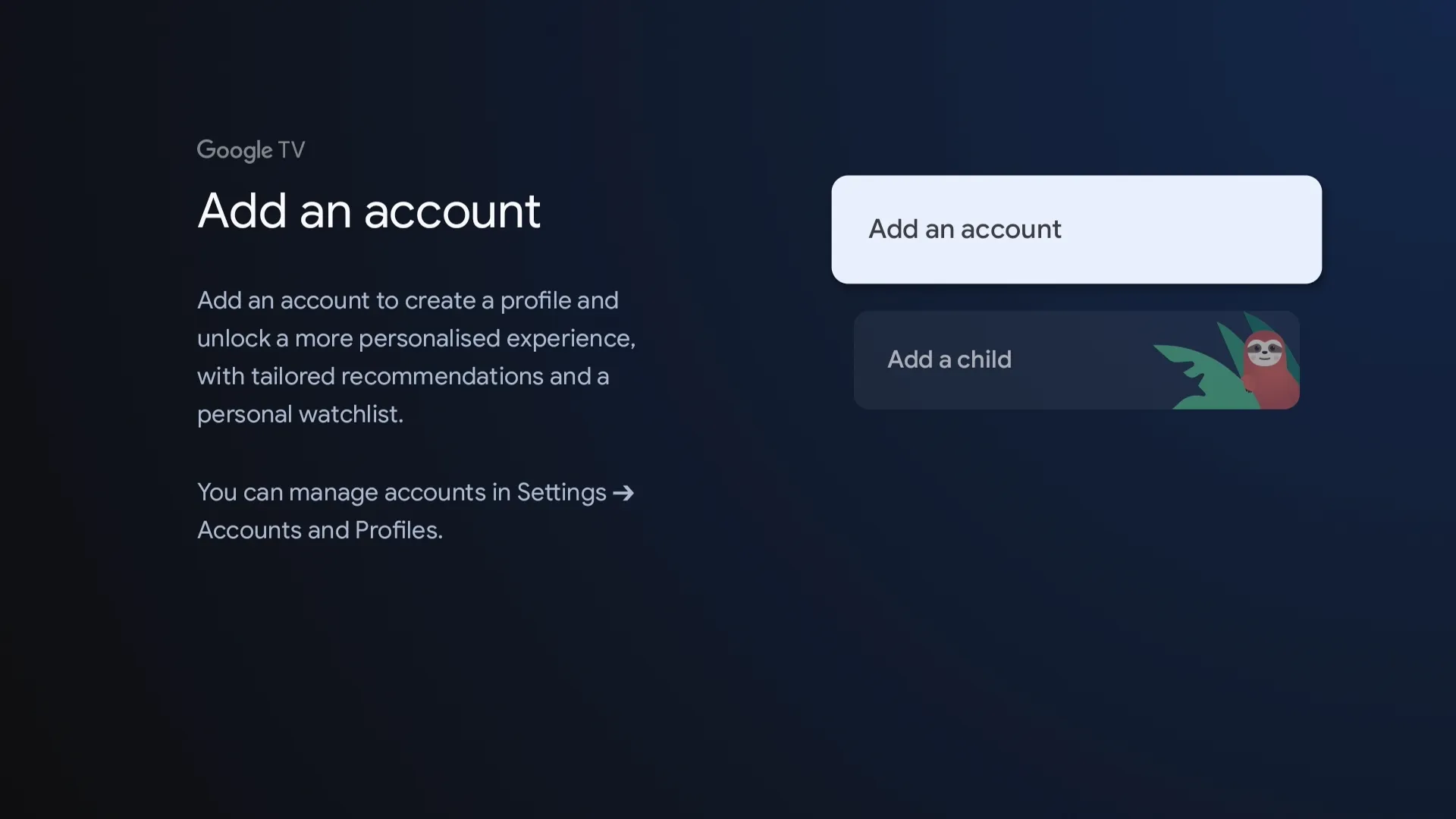 خيار إضافة حساب على Google TV