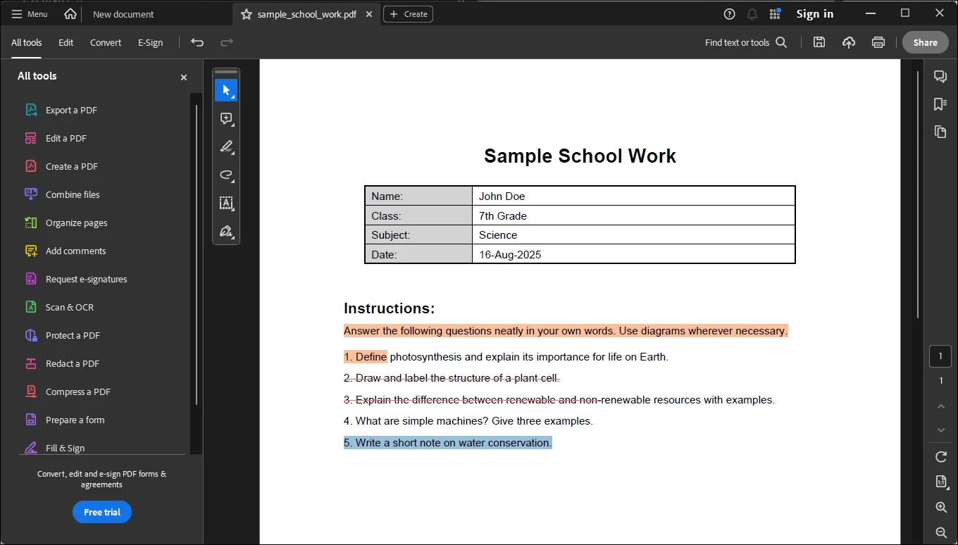 نافذة تحرير ملف PDF في برنامج Adobe Acrobat Reader