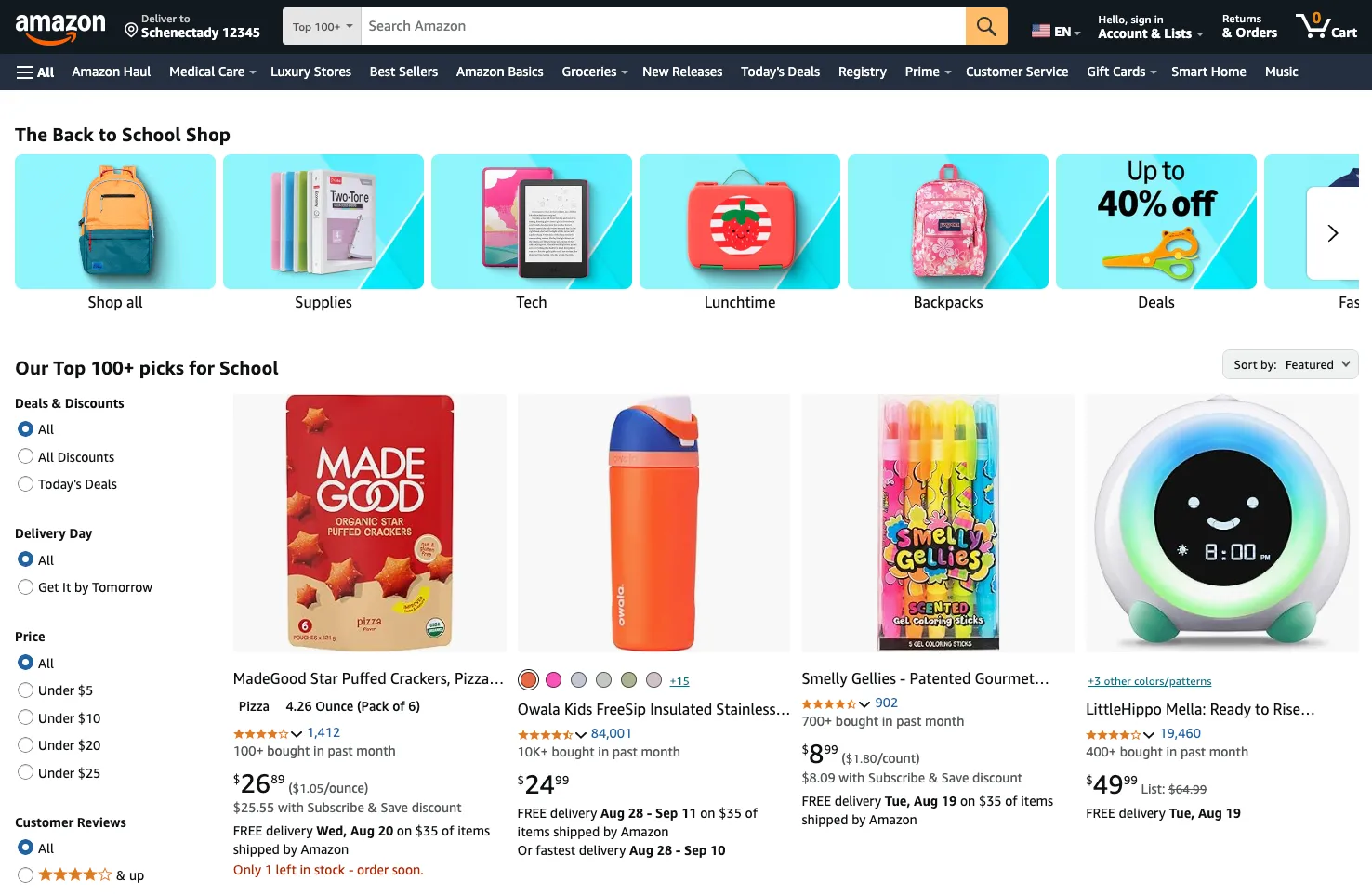 Amazon back to school shop displaying school supplies