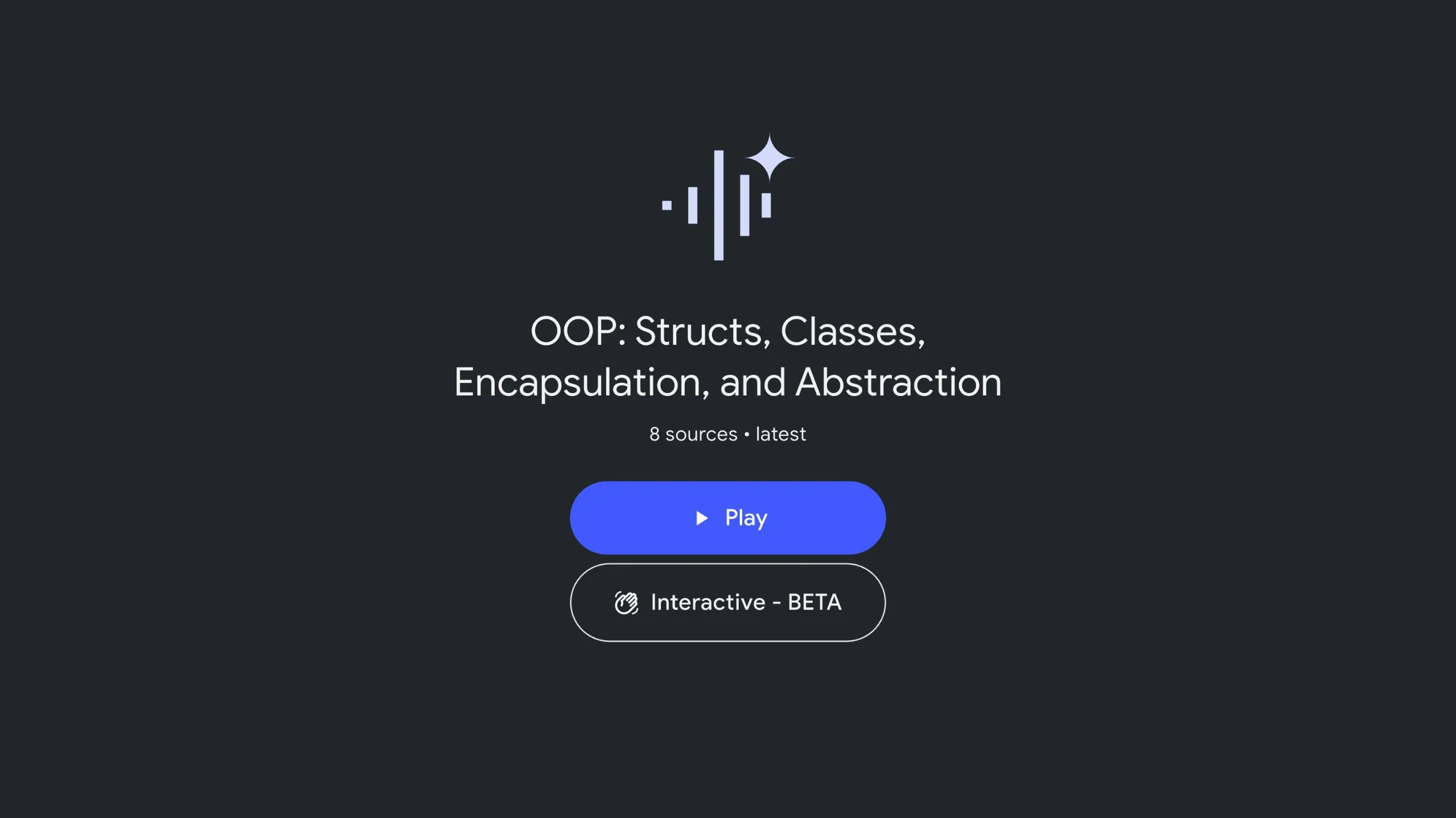 An Object Oriented Programming notebook open in the NotebookLM mobile app, showing the Audio Overviews feature in the Studio tab