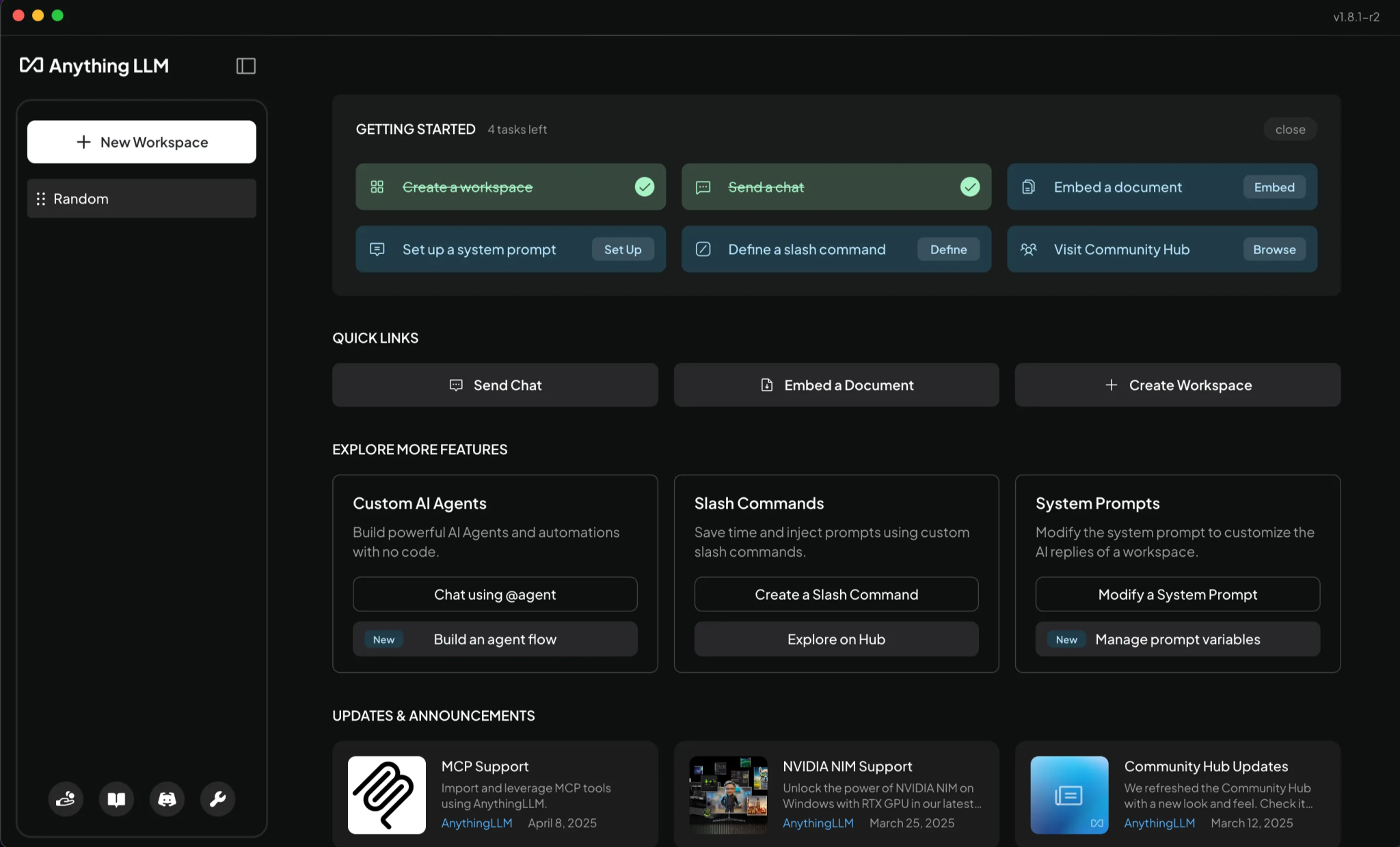 AnythingLLM app home screen on macOS