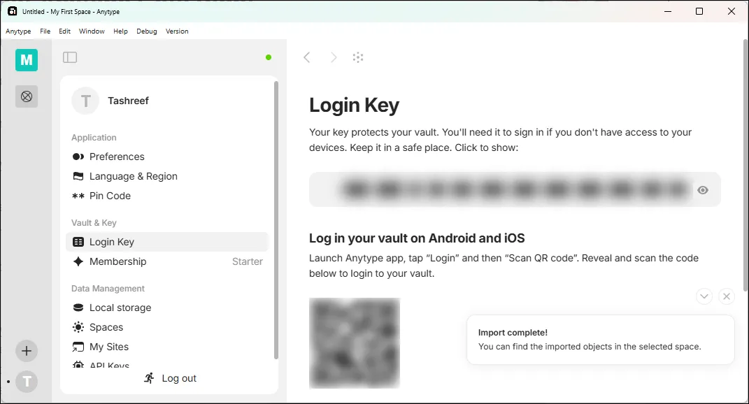 Anytype Login key interface