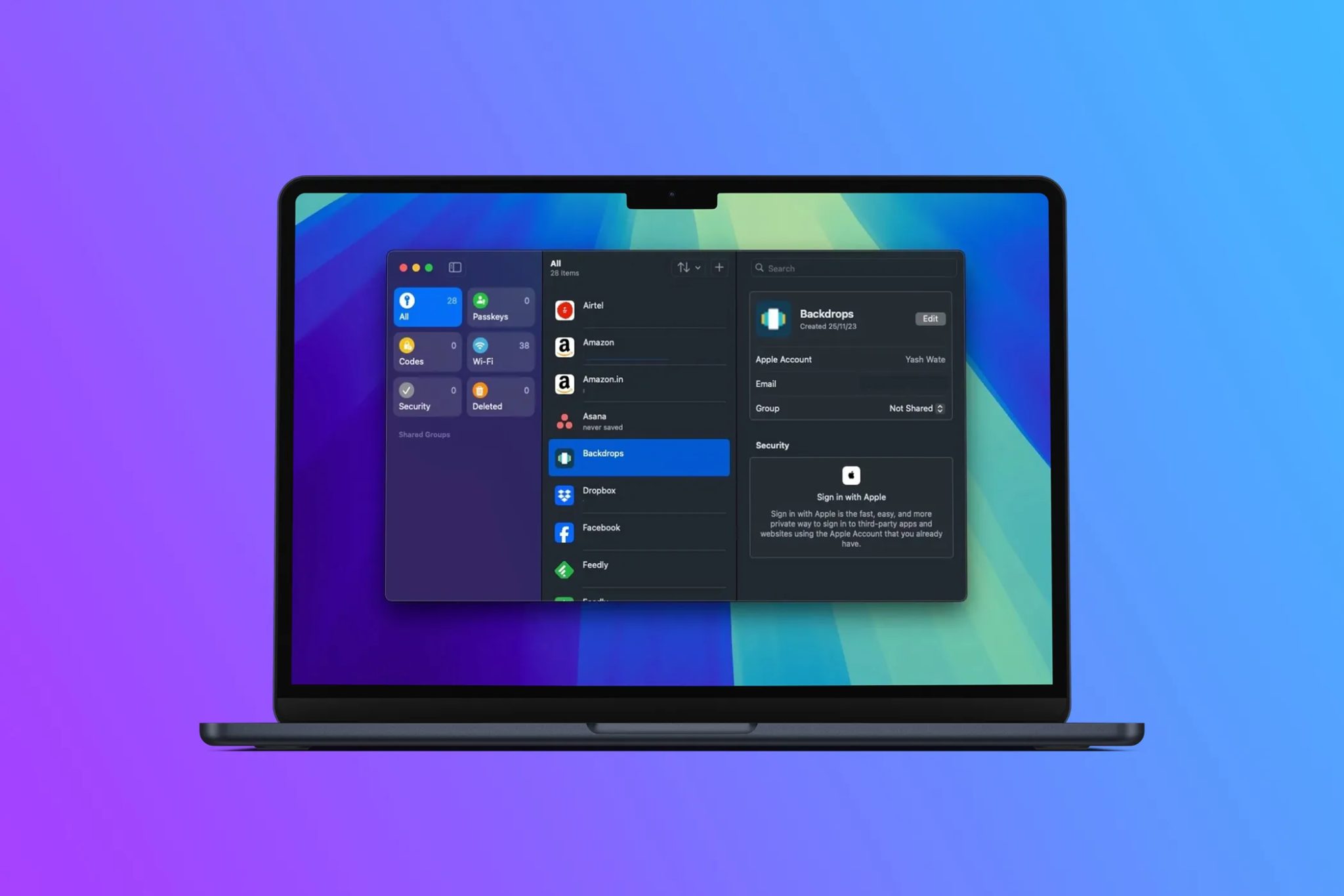 تطبيق كلمات مرور Apple يعمل على جهاز MacBook Air