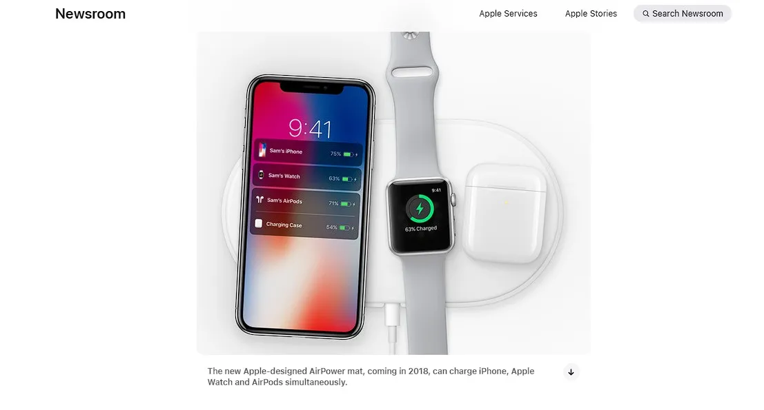 Apple's press release from 2017 displaying the Apple AirPower mat