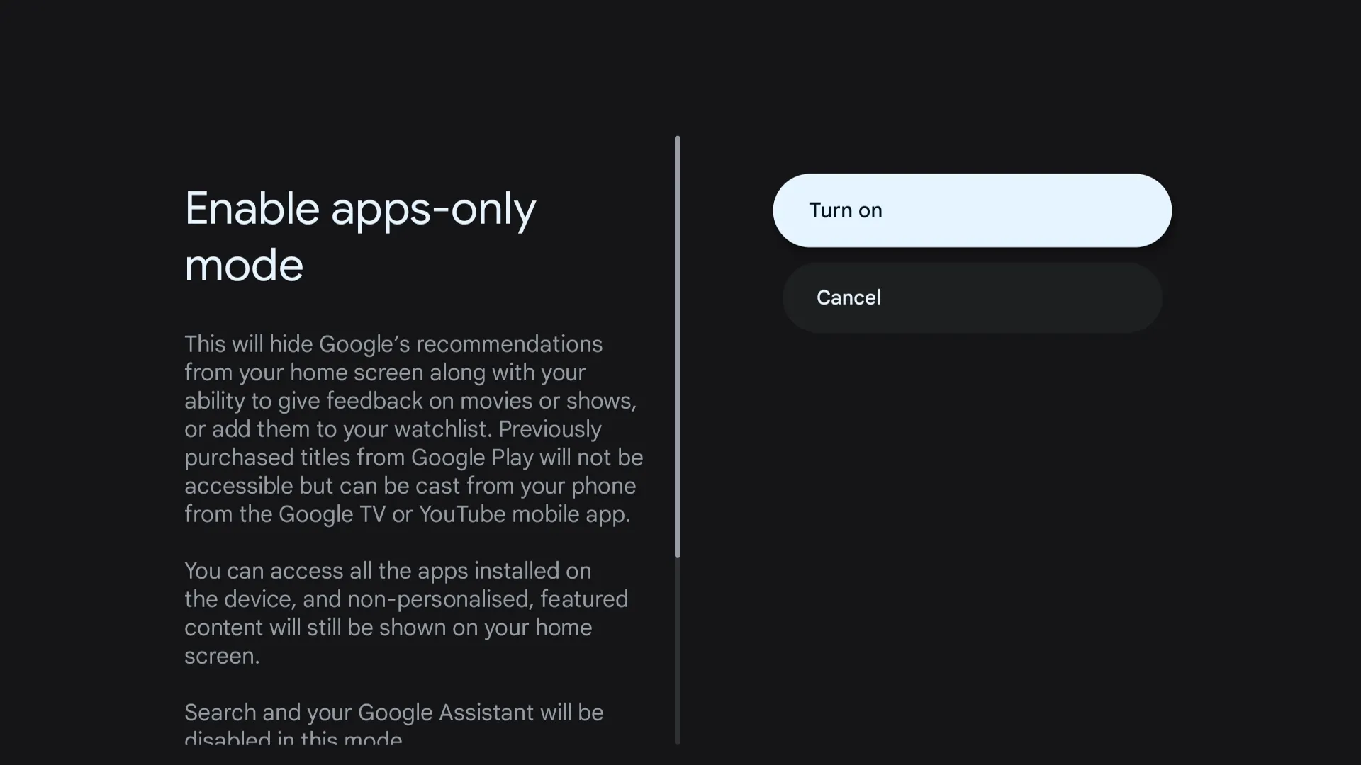قائمة وضع التطبيقات فقط في Google TV