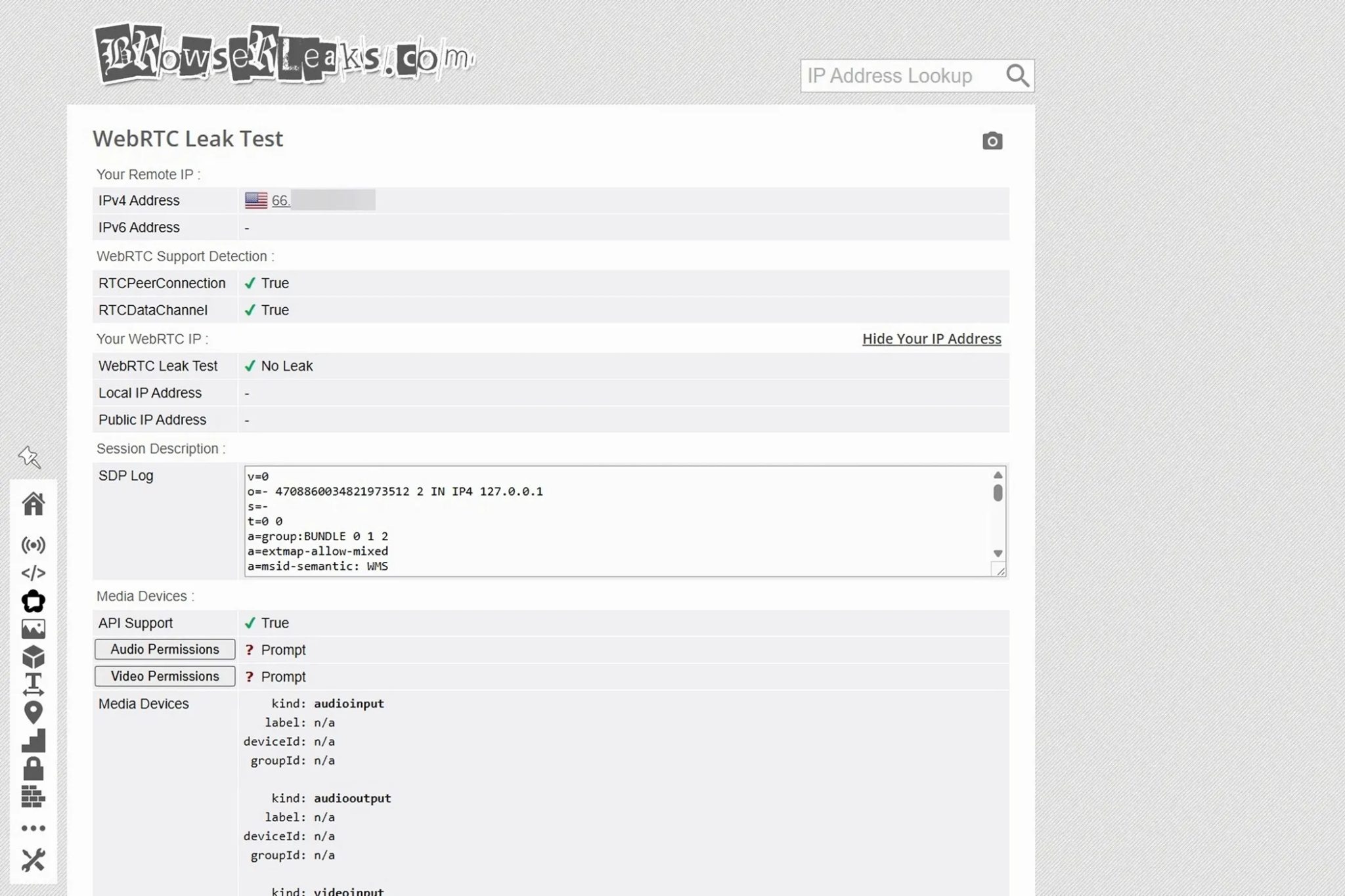 Brave browser's WEBRTC Leak test results