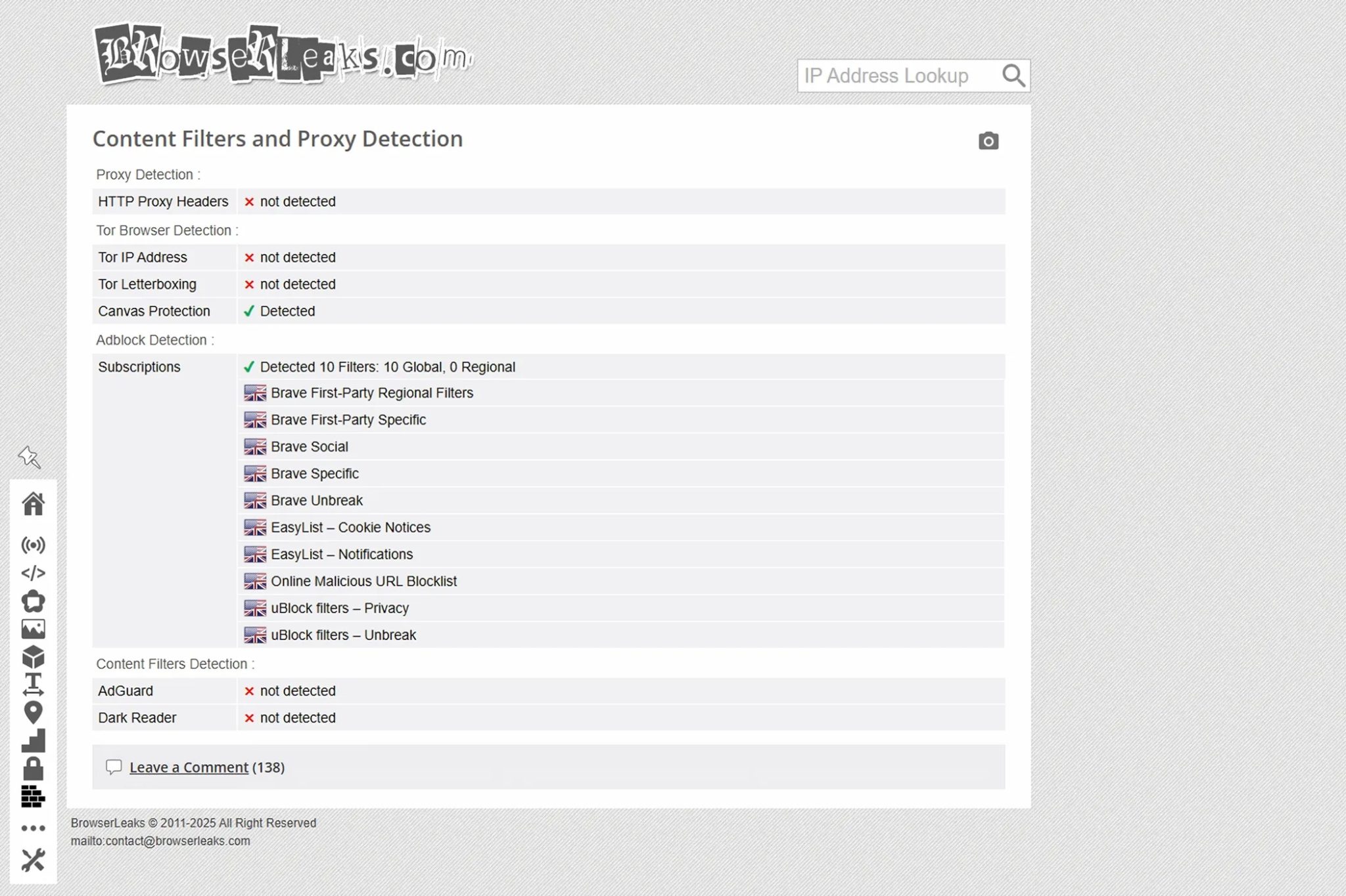 Brave succesful content filters test results