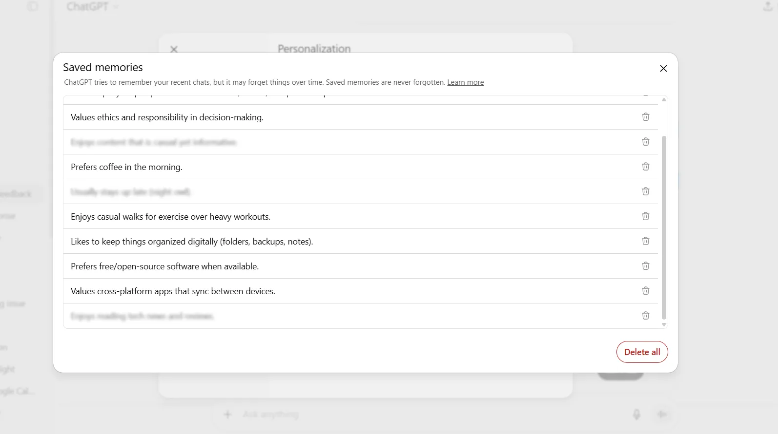 إدخالات حفظ ذاكرة ChatGPT