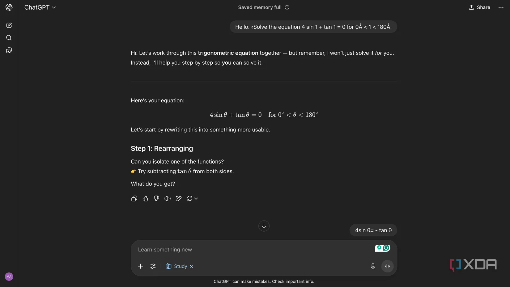 ChatGPT's Study Mode walking me through math problem