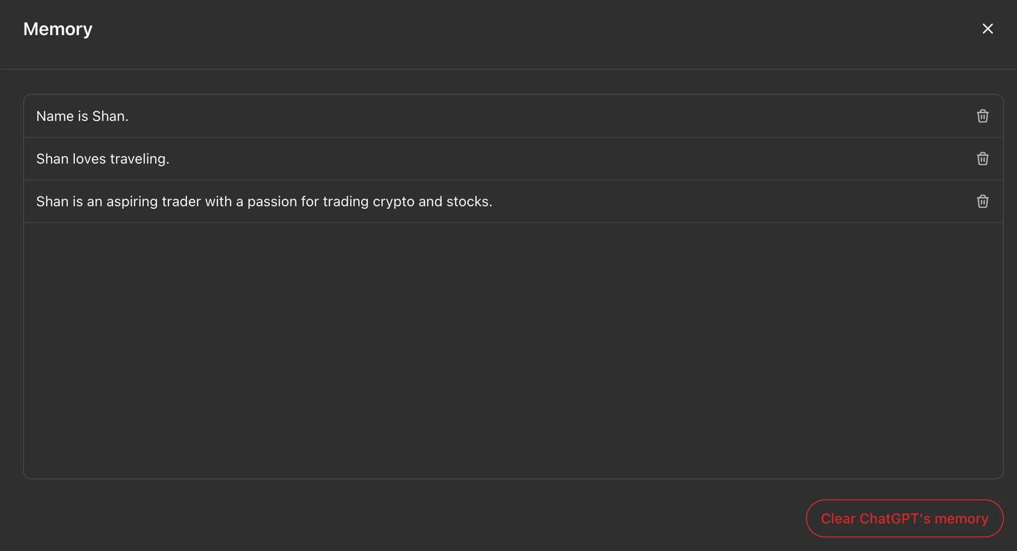 Checking ChatGPT's Memory history and clearing it.